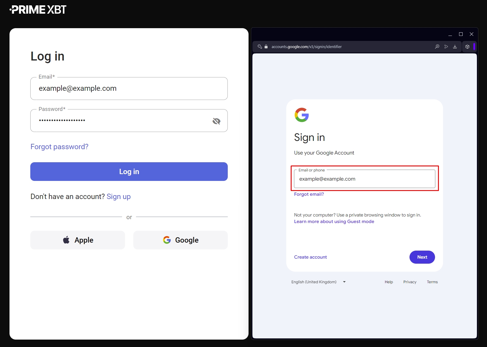 PrimeXBT login via Google account.