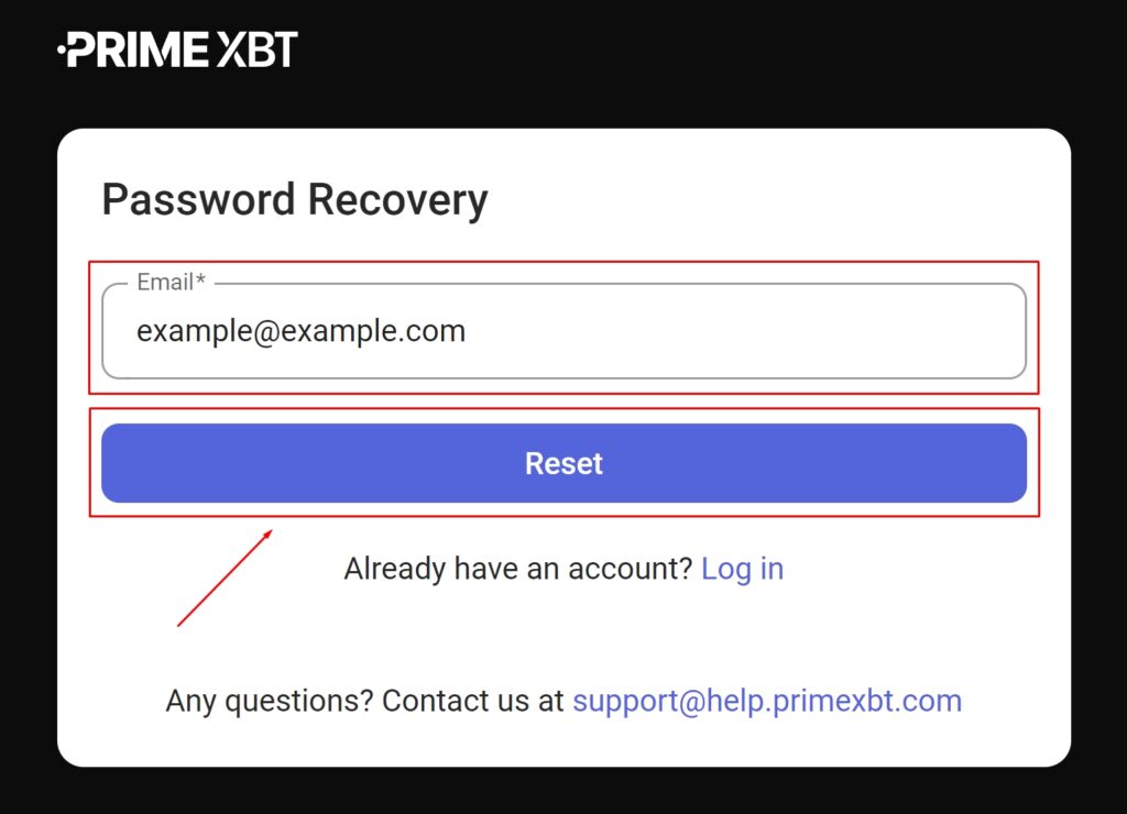 PrimeXBT password recovery.